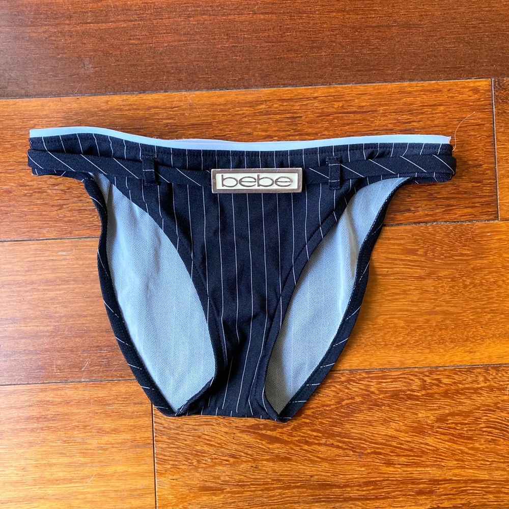 bebe Black and Gray Striped Bikini Bottom